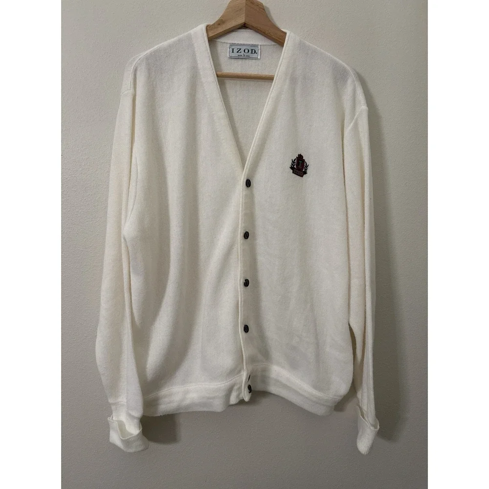 Vintage IZOD USA Cardigan Sweater Crest Logo‎ White Acrylic Knit Preppy 80s 90s